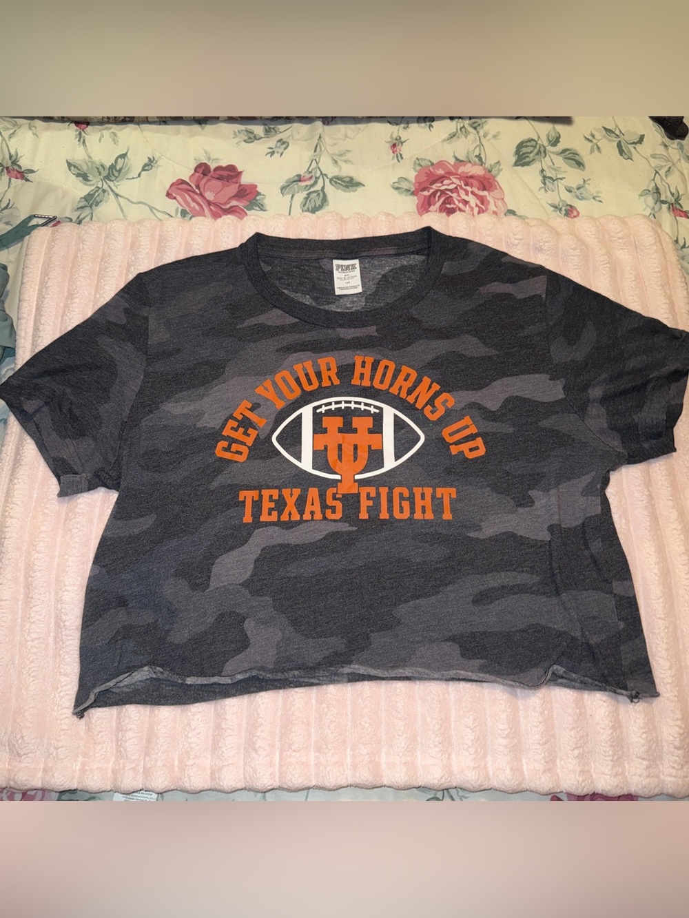 PINK Victoria's Secret Charcoal Camo Tee w/ Orange Texas Fight Graphic Sz Large